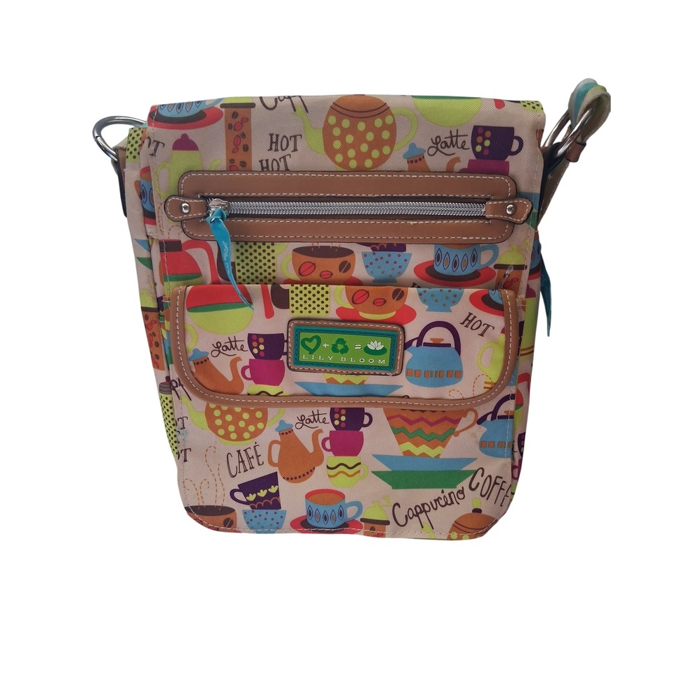 Lily Bloom Coffee Tea Print Crossbody Bag Recycled Fabric Multi Pocket Organizer